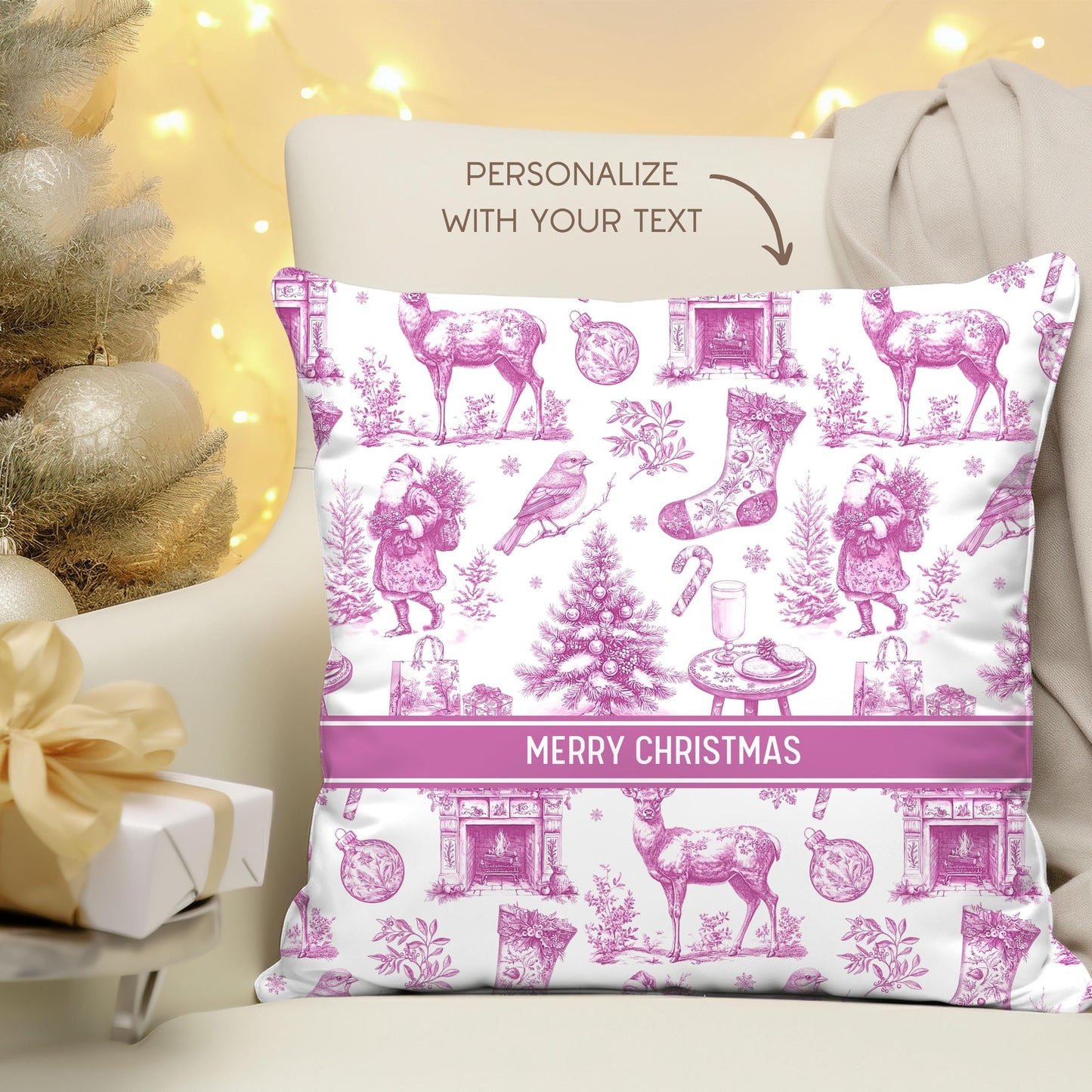 Toile Blue Holiday Pillow Customisable Blue Xmas Decor Vintage Blue Home Decor Blue Christmas Decorative Pillow Holiday Bench Cushion Deer - LAUMIANstudio