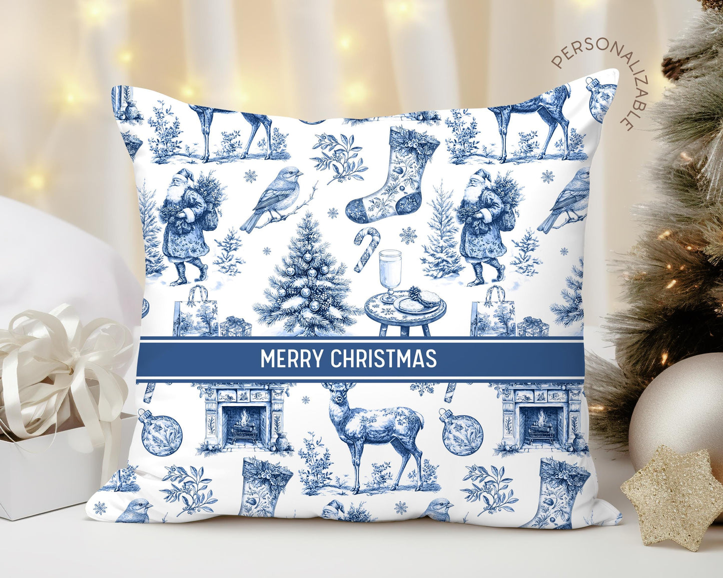 Toile Blue Holiday Pillow Customisable Blue Xmas Decor Vintage Blue Home Decor Blue Christmas Decorative Pillow Holiday Bench Cushion Deer - LAUMIANstudio