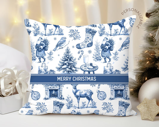 Toile Blue Holiday Pillow Customisable Blue Xmas Decor Vintage Blue Home Decor Blue Christmas Decorative Pillow Holiday Bench Cushion Deer - LAUMIANstudio