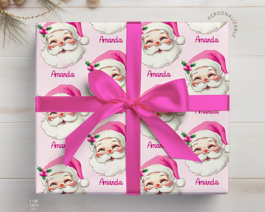 Personalized Pink Santa Claus Wrapping Paper Pink Santa Gift Wrap Kid Christmas Gift Wrap Vintage Looking Santa Wrapping Baby Girl Xmas Gift - LAUMIANstudio