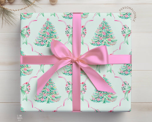Preppy Christmas Wrapping Paper Girly Xmas Gift Wrap Sister in Law Christmas Gift Wrap Bow Pink Mint Wrapping Paper Preppy Xmas Tree Wrap - LAUMIANstudio