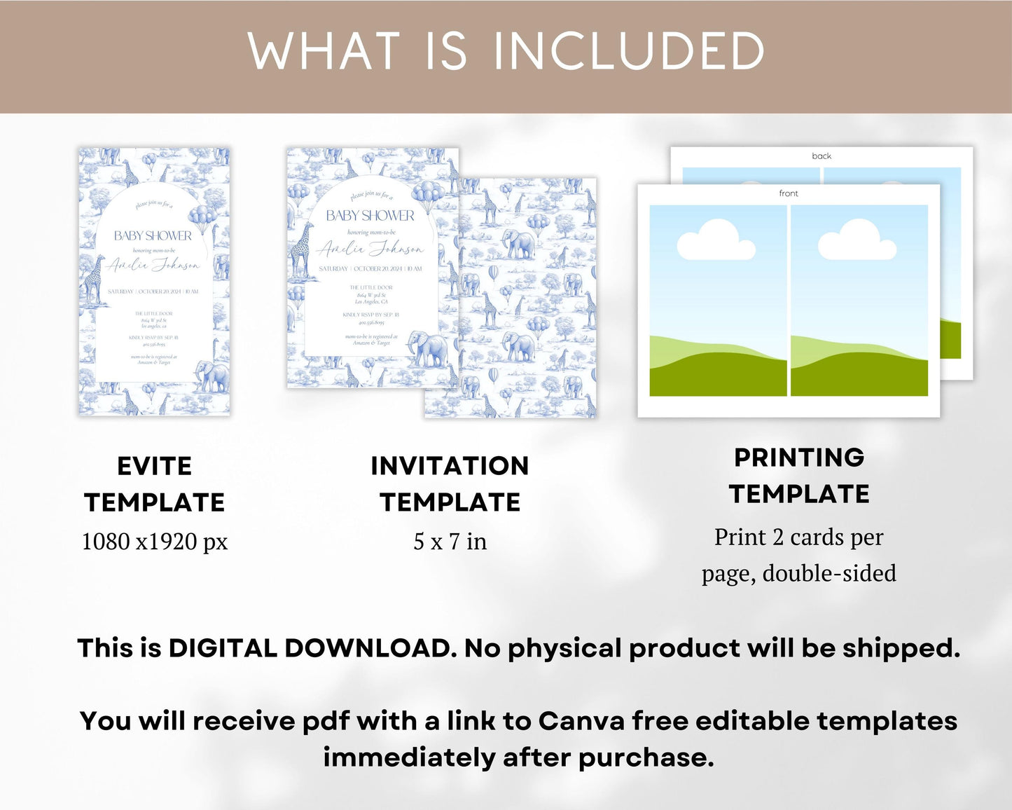 Toile Baby Shower Invitation Blue Baby Shower Party Invite Safari Baby Shower Evite Editable Canva Template Invitation Elegant Baby Shower - LAUMIANstudio