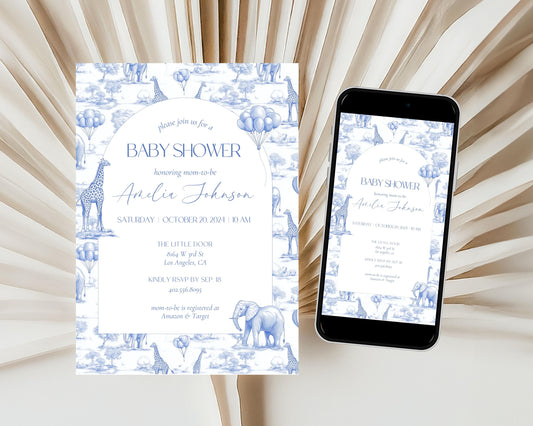 Toile Animal Blue Baby Shower Invitation Editable Template Boy Baby Shower Mobile Invite Chinoiserie Baby Shower Evite Toile Invitation - LAUMIANstudio