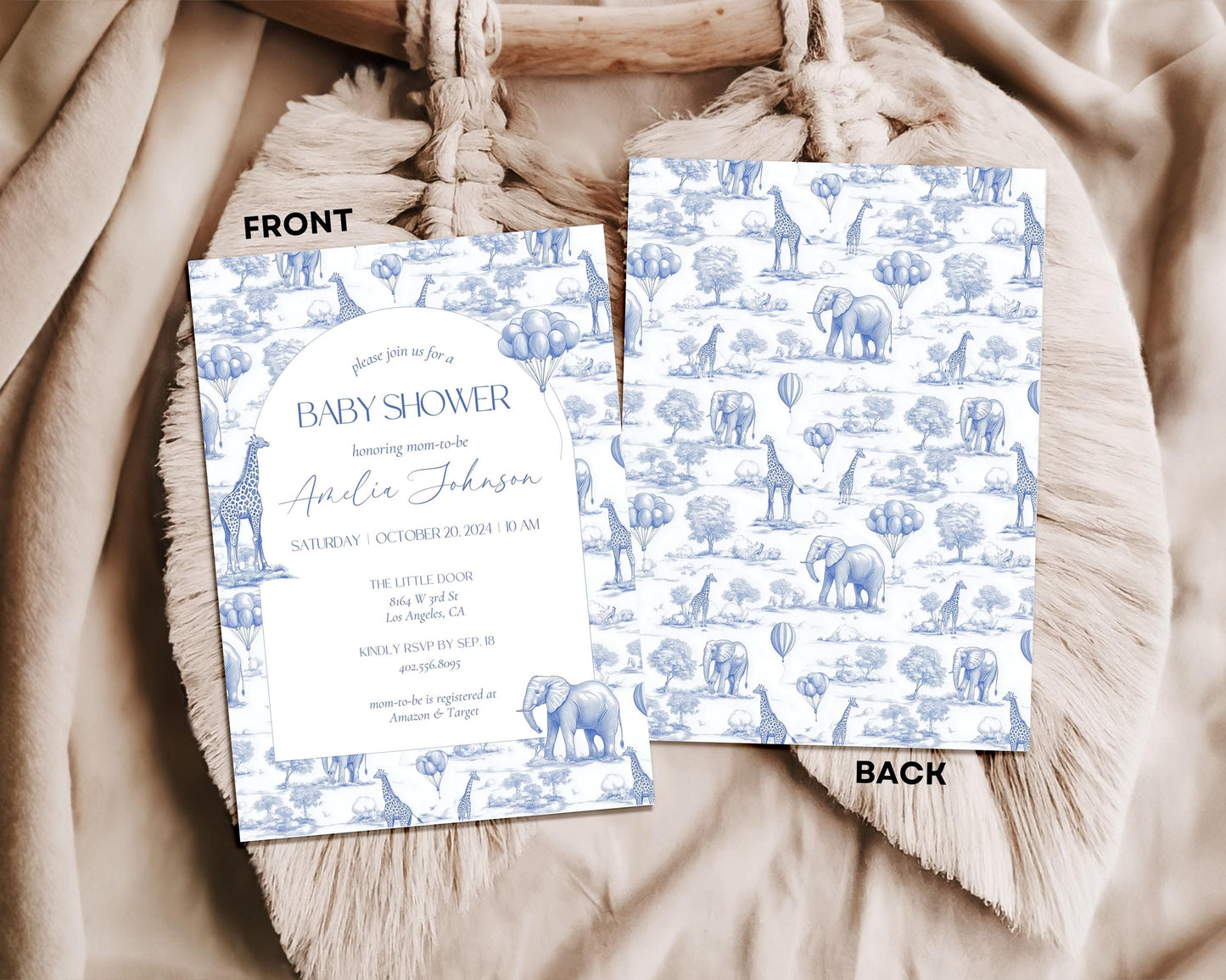 Toile Animal Blue Baby Shower Invitation Editable Template Boy Baby Shower Mobile Invite Chinoiserie Baby Shower Evite Toile Invitation - LAUMIANstudio