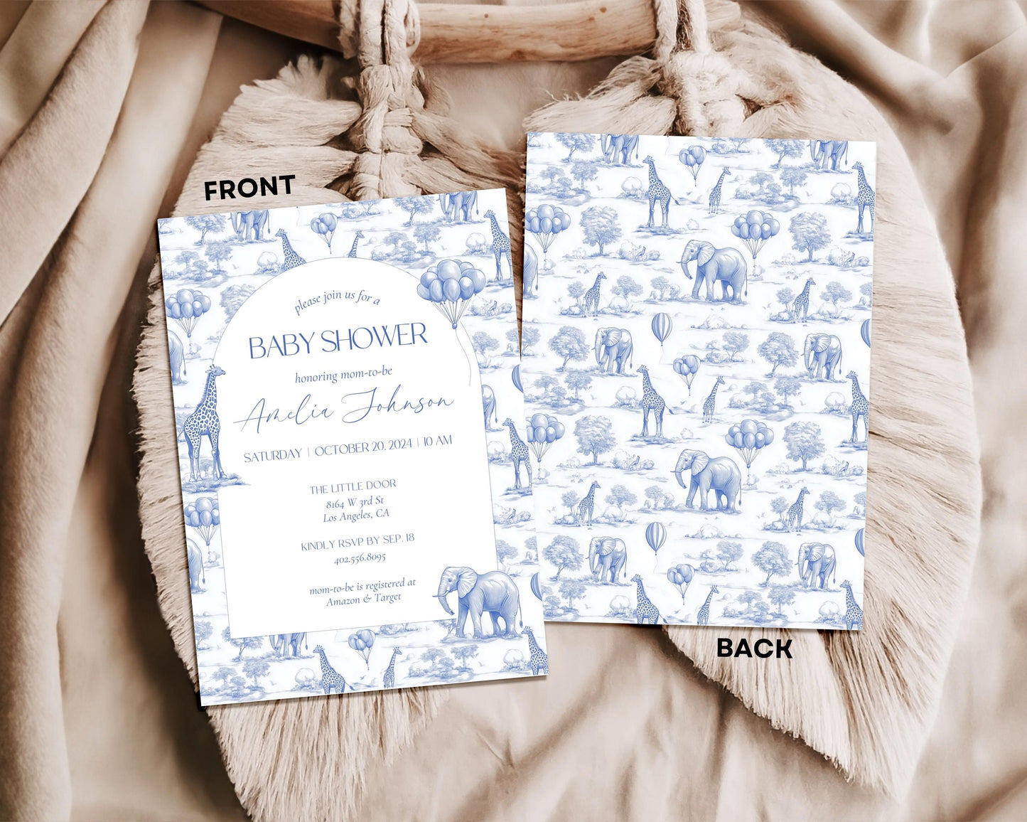 Toile Baby Shower Invitation Blue Baby Shower Party Invite Safari Baby Shower Evite Editable Canva Template Invitation Elegant Baby Shower - LAUMIANstudio