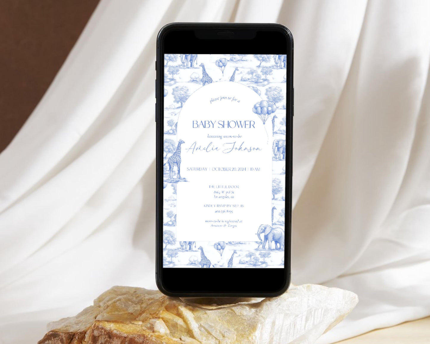 Toile Animal Blue Baby Shower Invitation Editable Template Boy Baby Shower Mobile Invite Chinoiserie Baby Shower Evite Toile Invitation - LAUMIANstudio