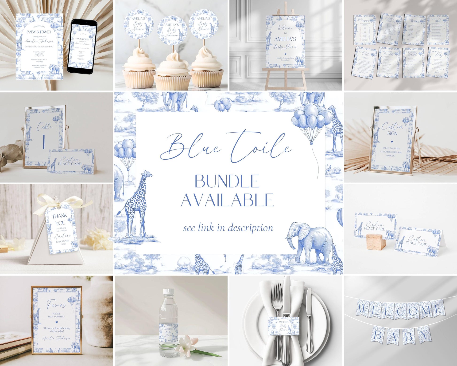 Favor Baby Shower Safari Sign Card and Gift Sign Blue Baby Shower Table Sign Baby Boy Shower Chinoiserie Print Dusty Blue Sign with Animals - LAUMIANstudio