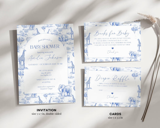 Blue Toile Baby Shower Bundle Boy Baby Shower Decor Elegant Chinoiserie Safari Baby Shower Editable Template Canva Baby Shower Printables - LAUMIANstudio