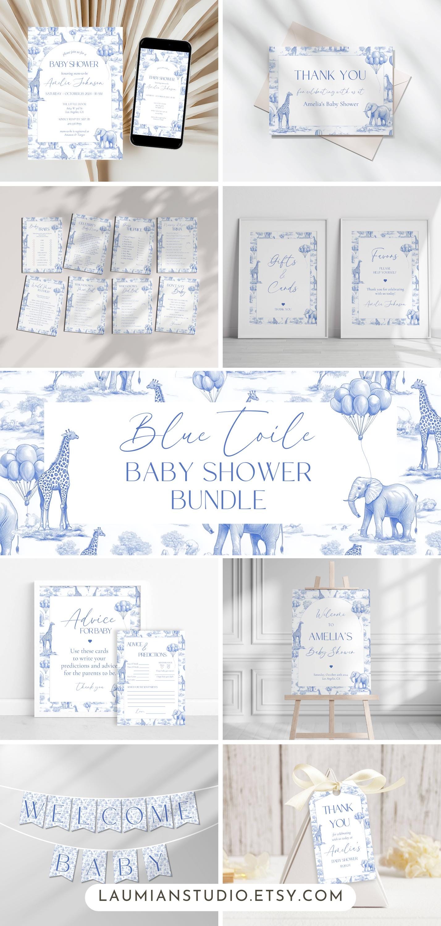 Blue Toile Baby Shower Bundle Boy Baby Shower Decor Elegant Chinoiserie Safari Baby Shower Editable Template Canva Baby Shower Printables - LAUMIANstudio