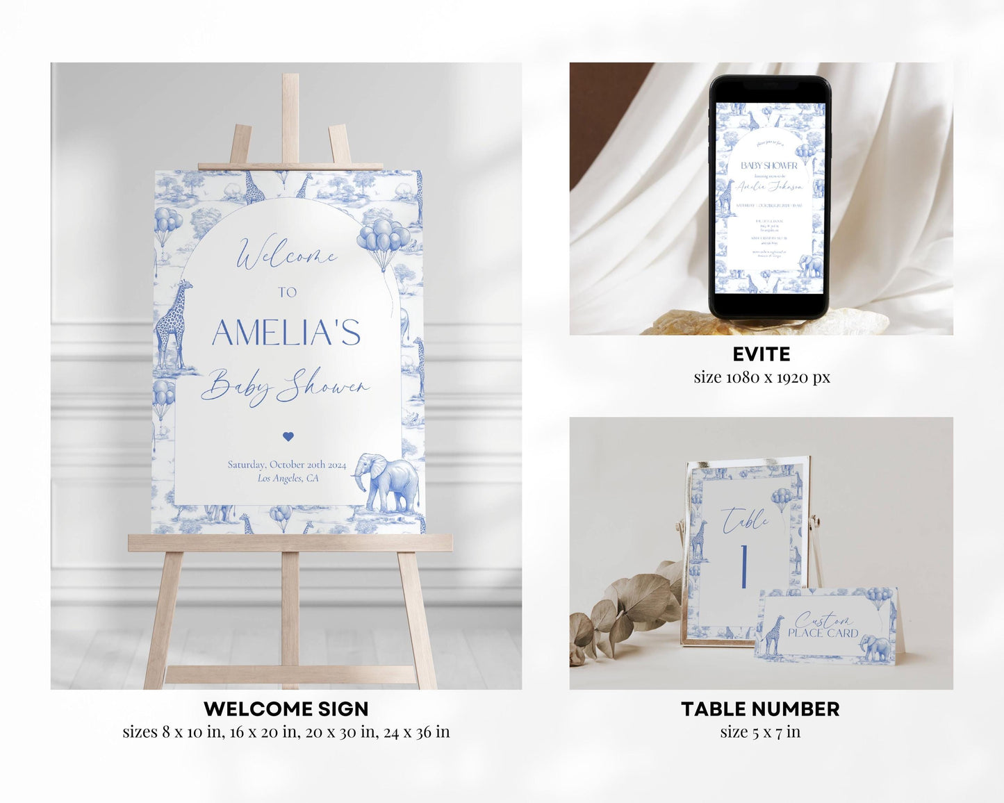 Blue Toile Baby Shower Bundle Boy Baby Shower Decor Elegant Chinoiserie Safari Baby Shower Editable Template Canva Baby Shower Printables - LAUMIANstudio