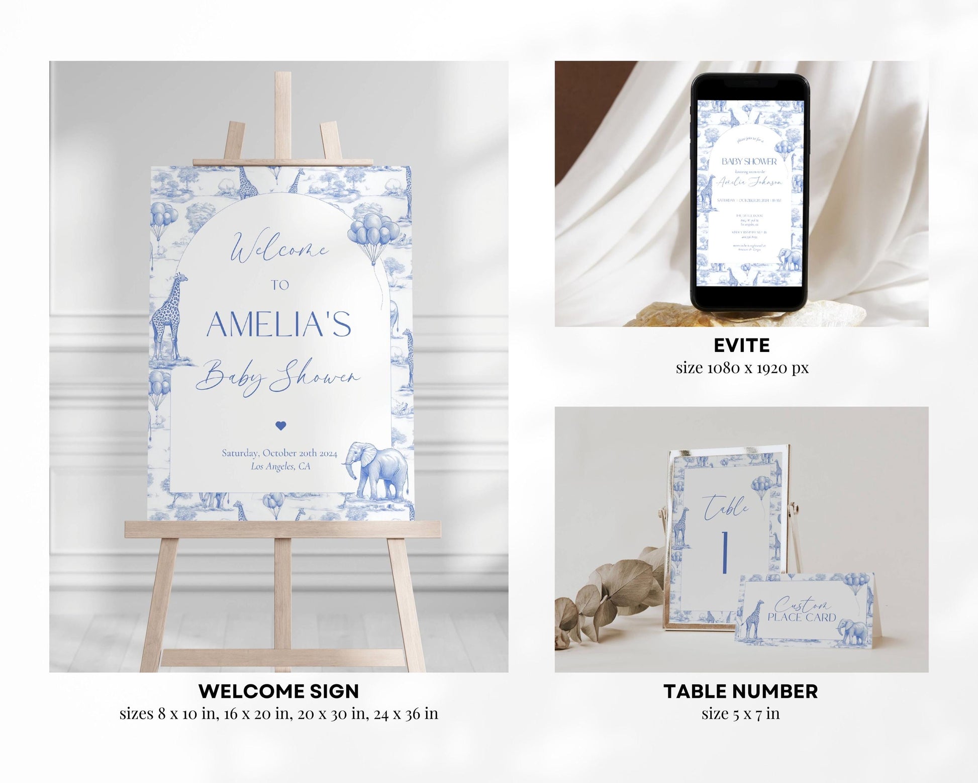 Blue Toile Baby Shower Bundle Boy Baby Shower Decor Elegant Chinoiserie Safari Baby Shower Editable Template Canva Baby Shower Printables - LAUMIANstudio