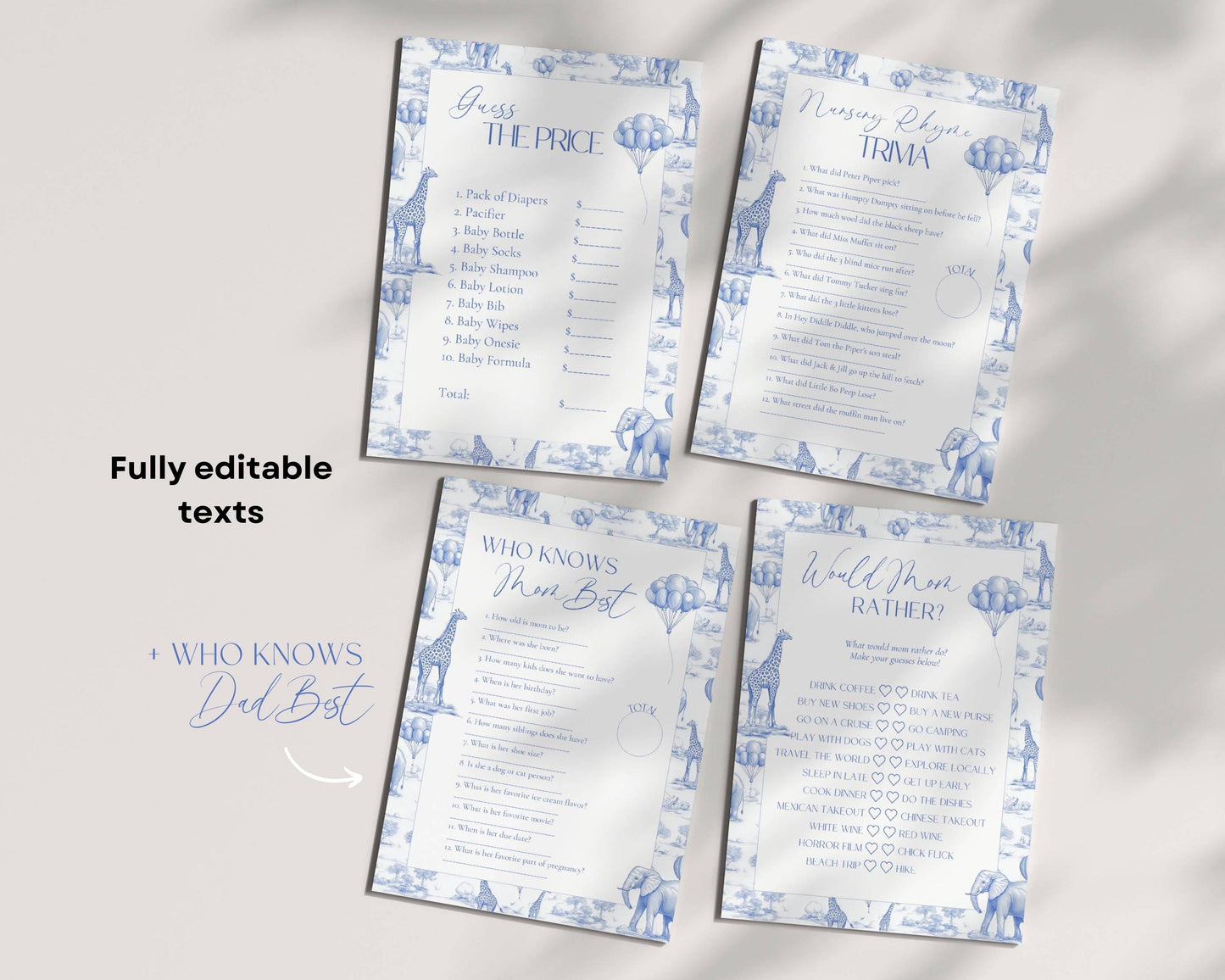 Blue Toile Baby Shower Game Bundle Chinoiserie Baby Shower Game Template Editable Canva Baby Shower Party Game Funny Baby Shower Game Set - LAUMIANstudio