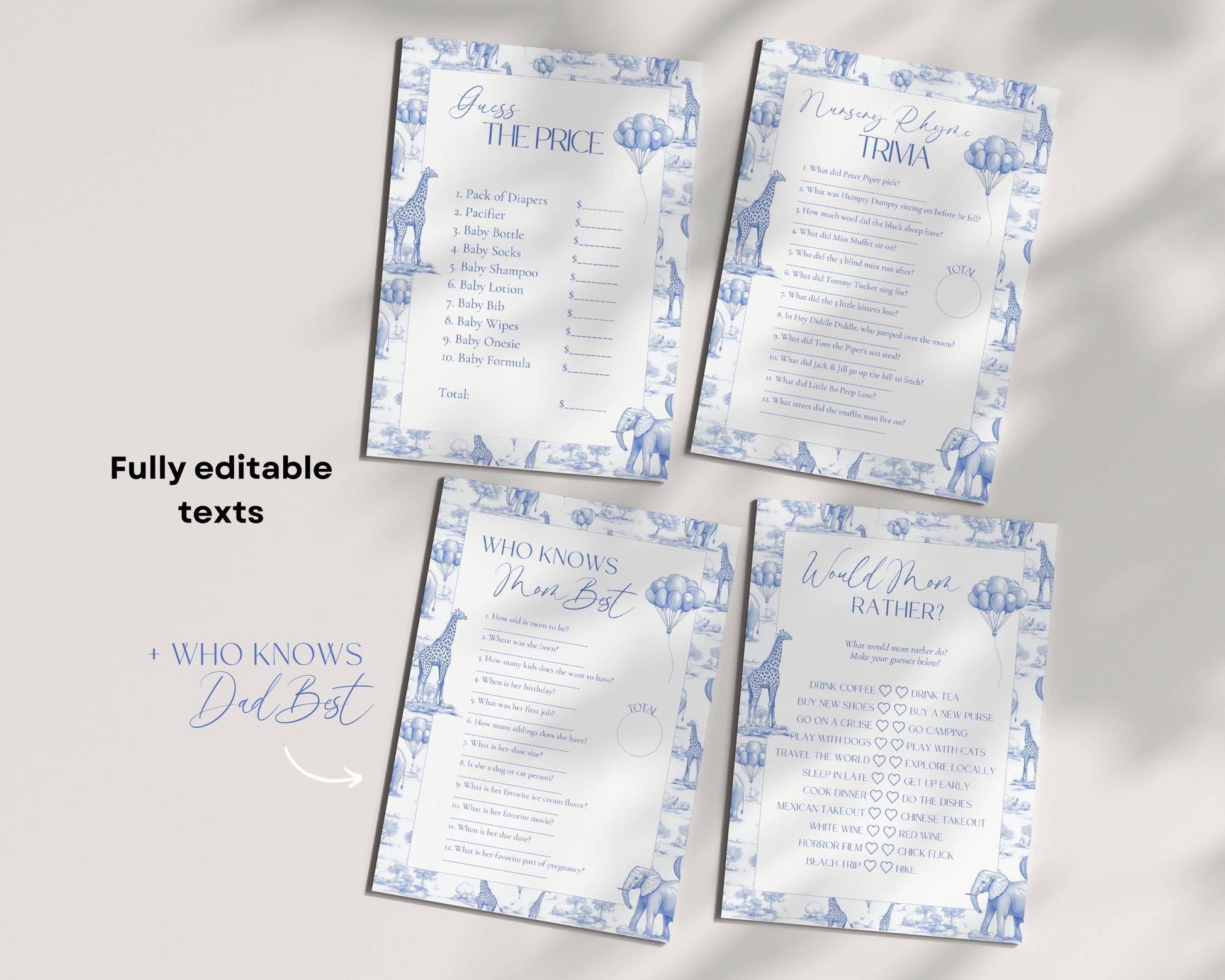 Blue Toile Baby Shower Game Bundle Chinoiserie Baby Shower Game Template Editable Canva Baby Shower Party Game Funny Baby Shower Game Set - LAUMIANstudio