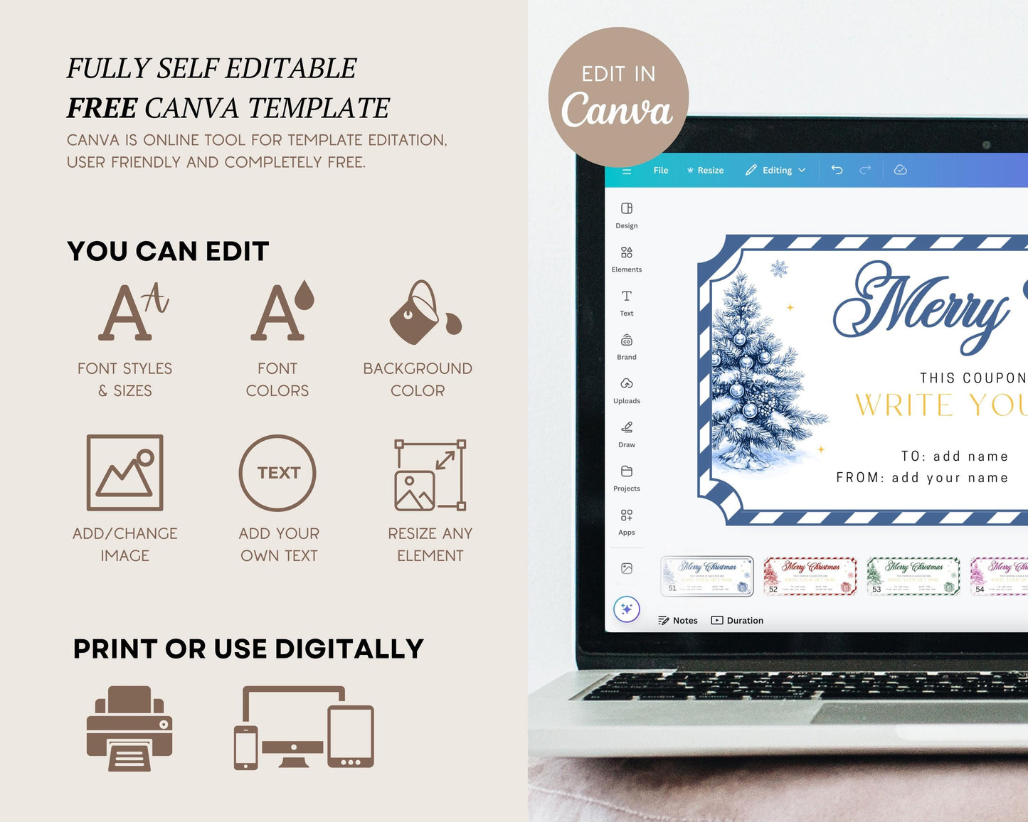 Elegant Christmas Toile Gift Coupon Canva Template Blue Chinoiserie Holiday Certificate Last Minute Printable Voucher Christmas Trip Ticket - LAUMIANstudio