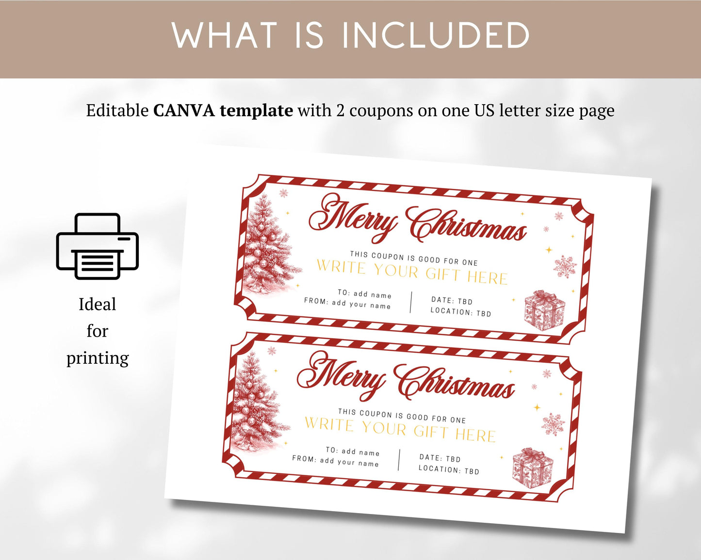 Red Vintage Christmas Gift Voucher Editable Template North Pole Ticket Santa Gift Christmas Ticket Red Christmas Printable Coupon For Mom - LAUMIANstudio