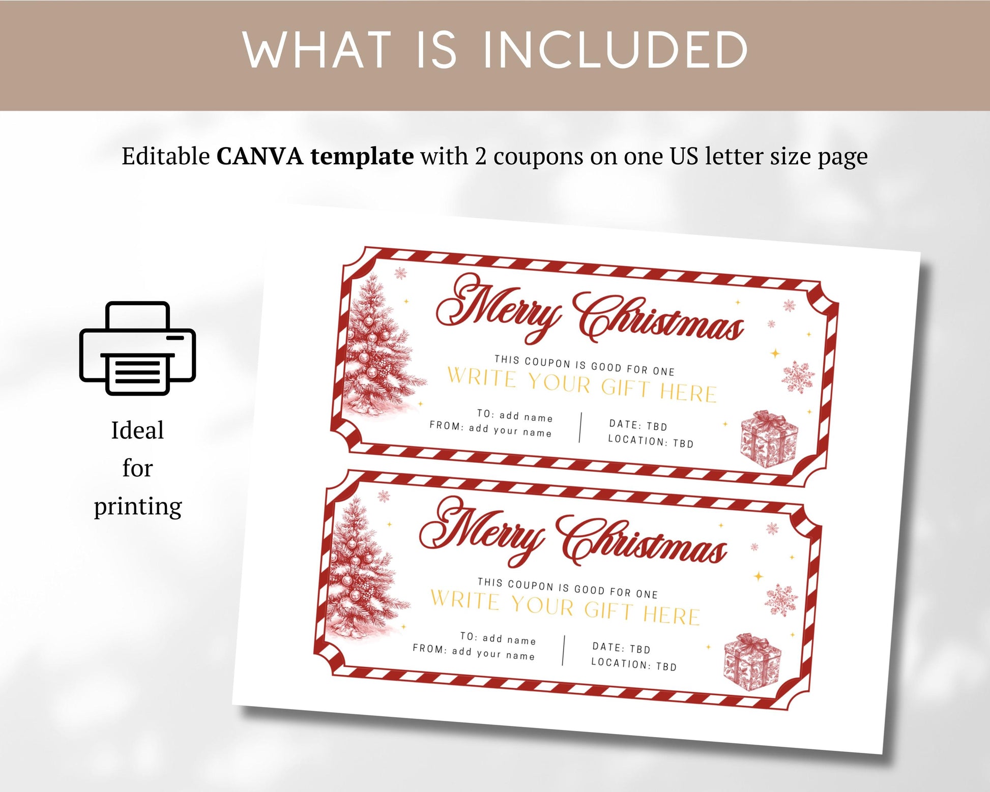 Red Vintage Christmas Gift Voucher Editable Template North Pole Ticket Santa Gift Christmas Ticket Red Christmas Printable Coupon For Mom - LAUMIANstudio