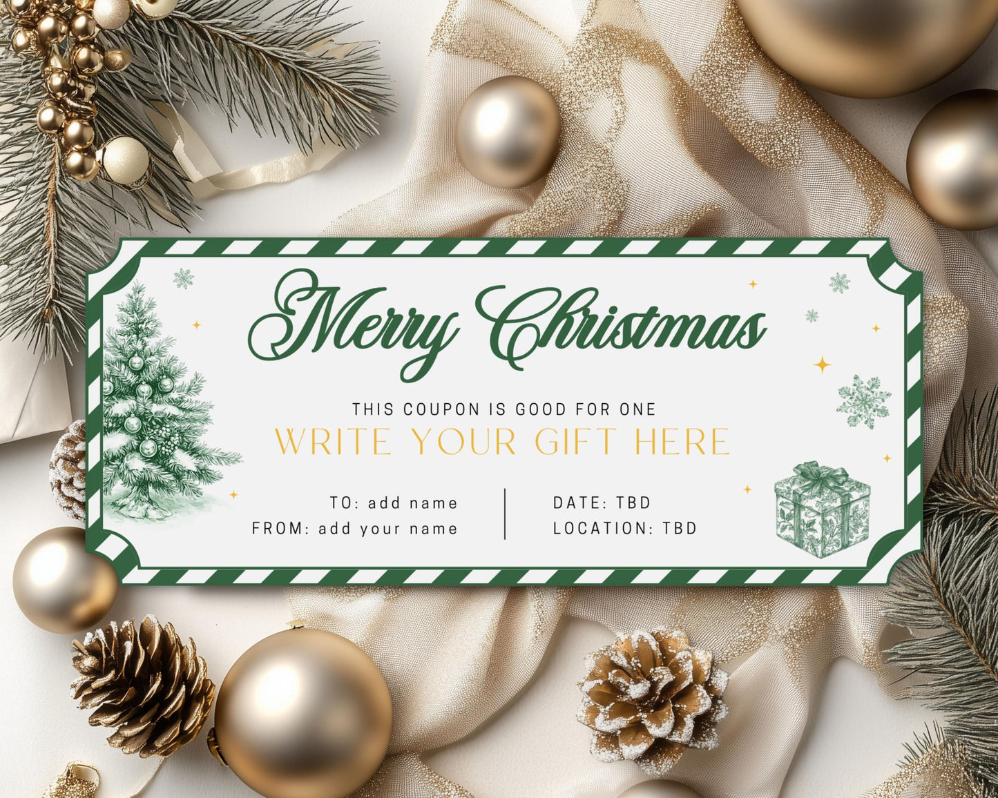 Printable Christmas Green Gift Coupon For Him Green Toile Holiday Coupon Gift Under 10 Christmas Present Daddy Voucher Gift for Grandpa - LAUMIANstudio