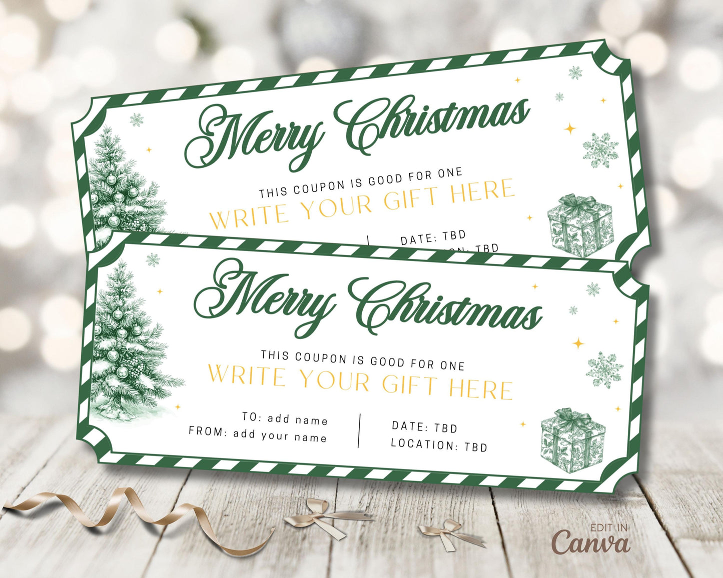 Traditional Christmas Chinoiserie Coupon Editable Template Green Christmas Ticket North Pole Coupon Gift for Son DIY Voucher Car Wash Coupon - LAUMIANstudio