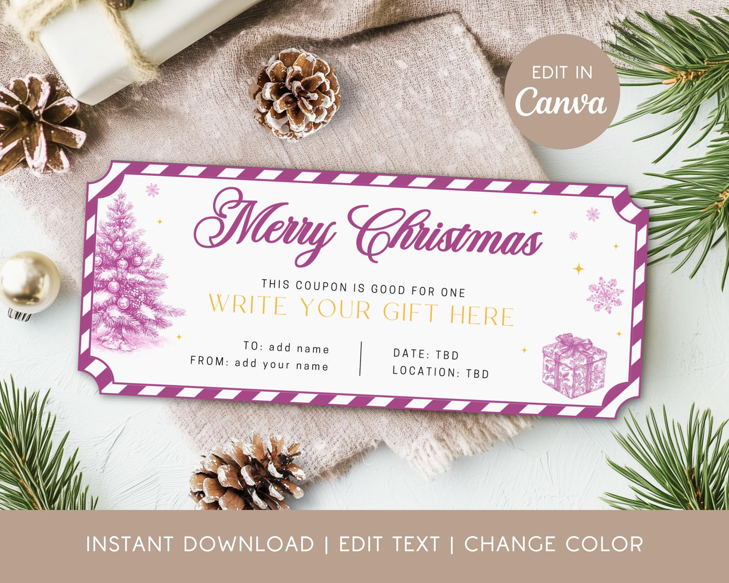 Personalizable Pink Christmas Voucher Template Coupon Gift for Daughter Girly Coupon Pink BFF Christmas Gift Coupon Preppy Holiday Ticket - LAUMIANstudio