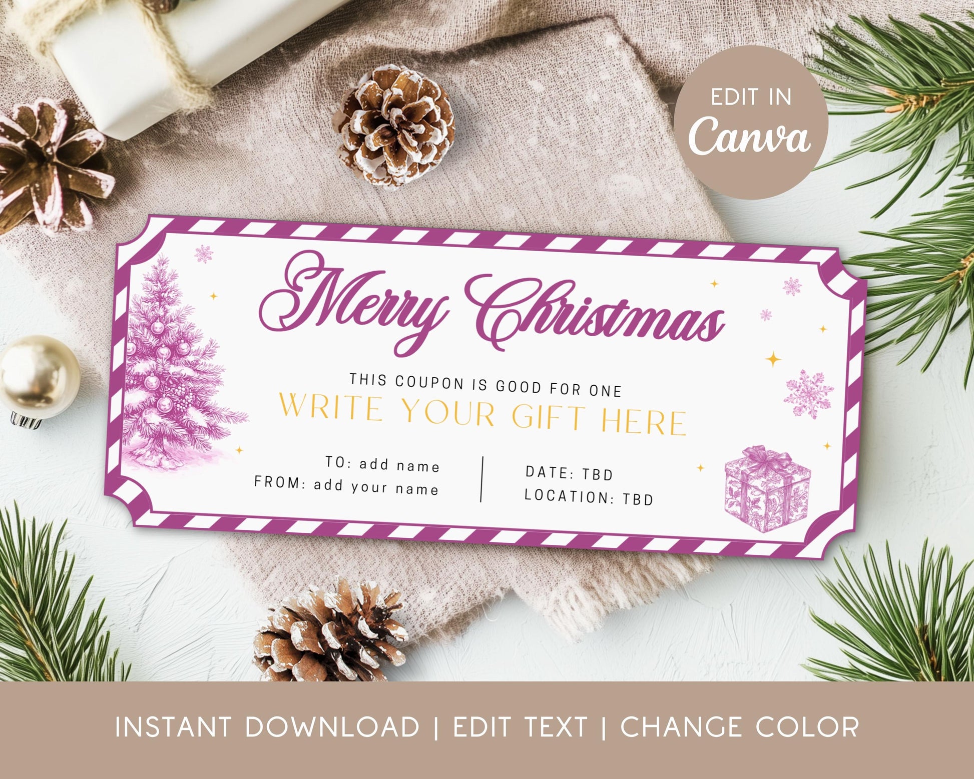 Personalizable Pink Christmas Voucher Template Coupon Gift for Daughter Girly Coupon Pink BFF Christmas Gift Coupon Preppy Holiday Ticket - LAUMIANstudio