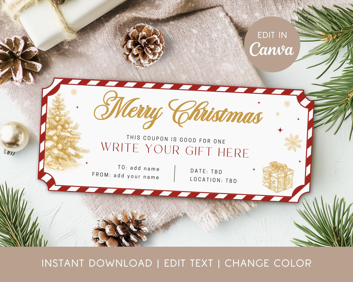 Christmas Gold Gift Coupon Canva Template Printable Voucher Christmas Grandma Gold Coupon Gift Under 5 Trip Surprise Voucher Golden Ticket - LAUMIANstudio