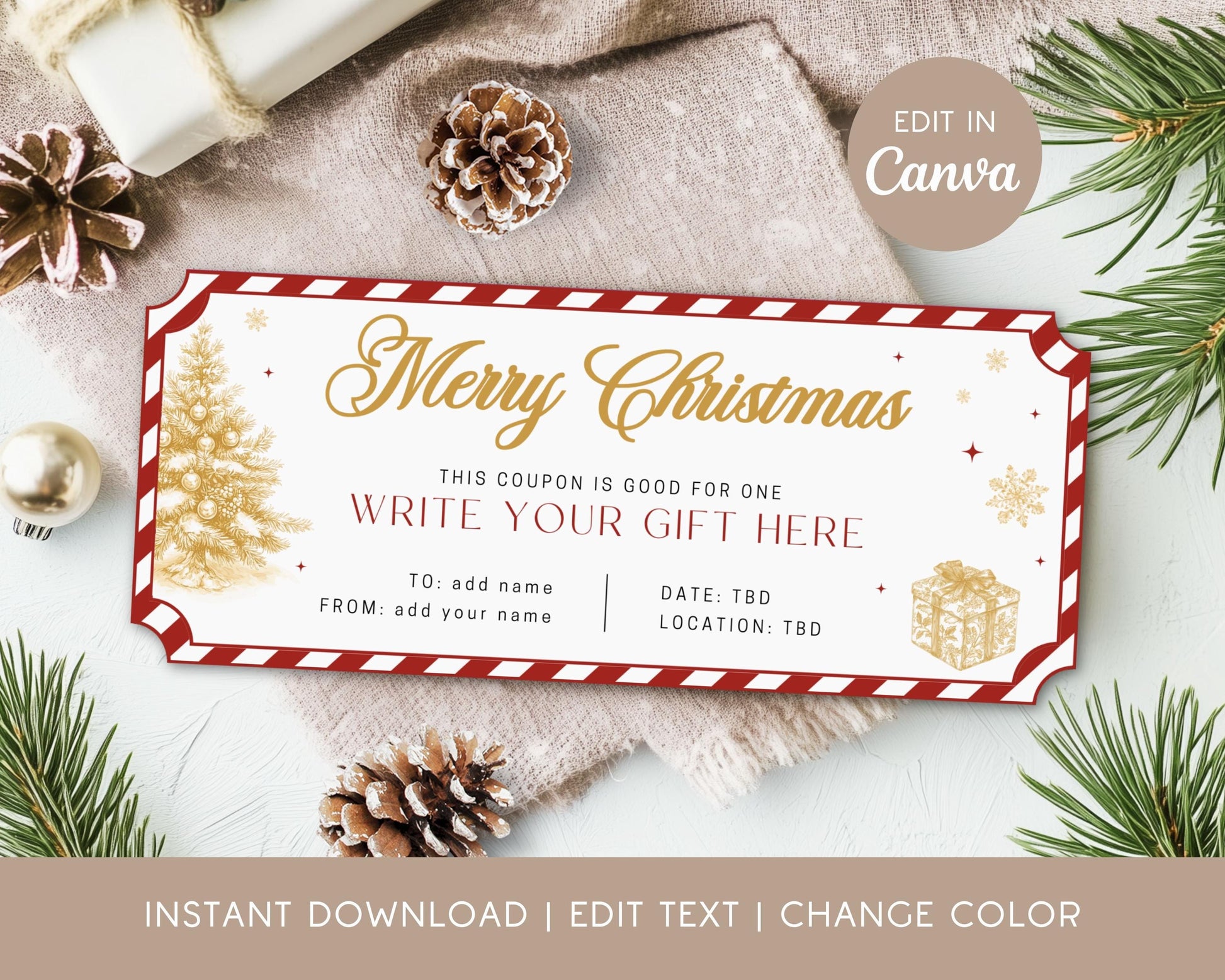 Christmas Gold Gift Coupon Canva Template Printable Voucher Christmas Grandma Gold Coupon Gift Under 5 Trip Surprise Voucher Golden Ticket - LAUMIANstudio