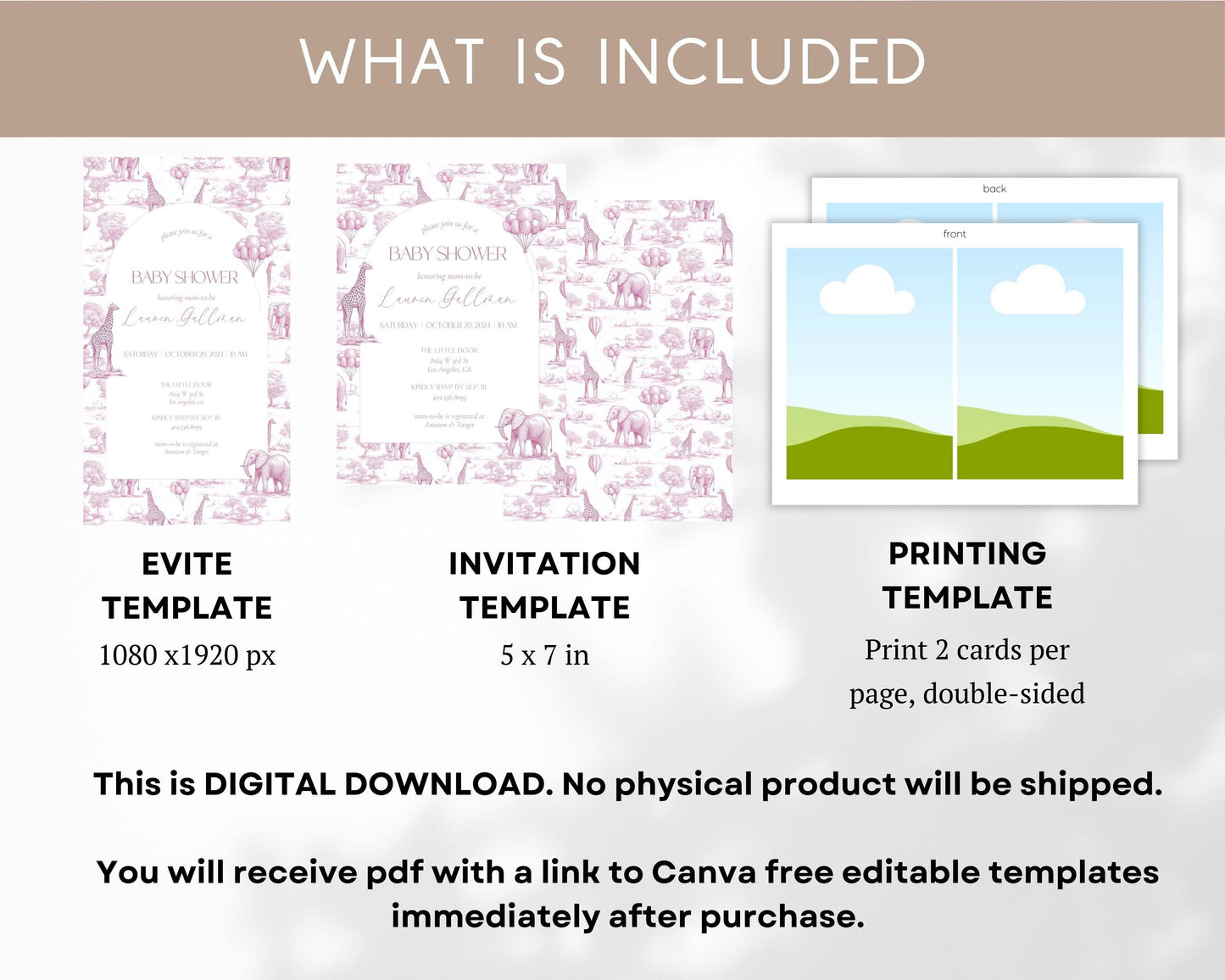Baby Girl Shower Invitation Template Luxury Dior Style Blush Pink Digital Invitation Pink Toile Safari Invite DIY Canva Template Baby Shower - LAUMIANstudio
