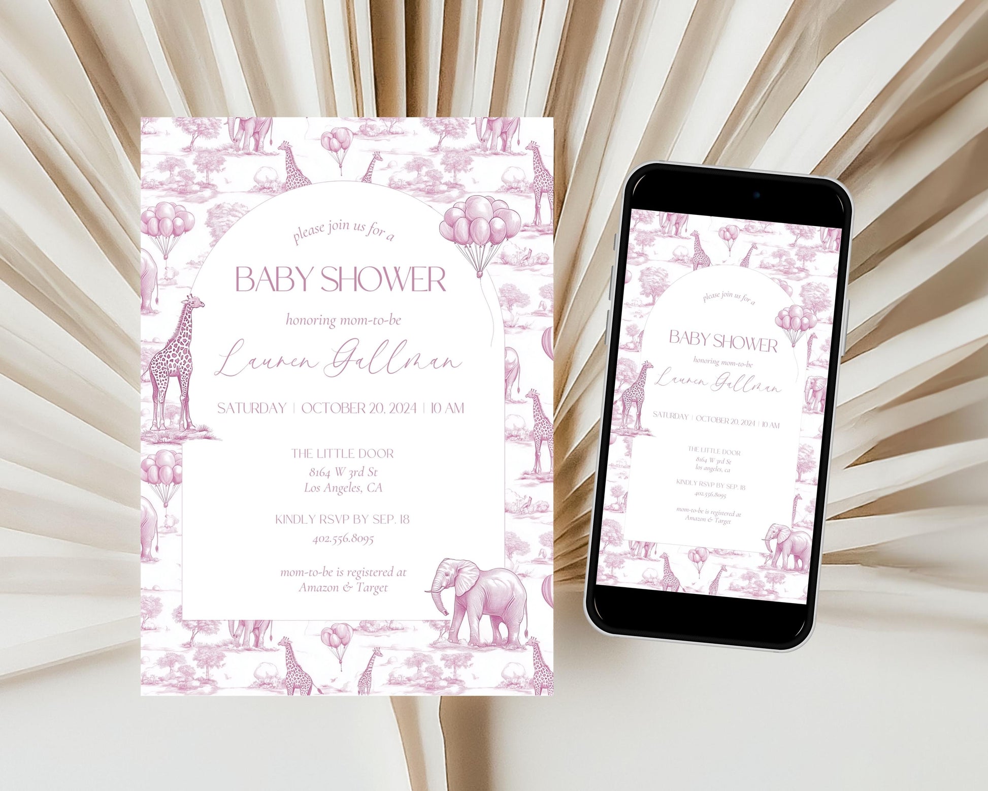 Chinoiserie Pink Baby Shower Invitation Editable Template Girl Baby Shower Mobile Invite Pink Minimalist Baby Shower Evite French Toile - LAUMIANstudio