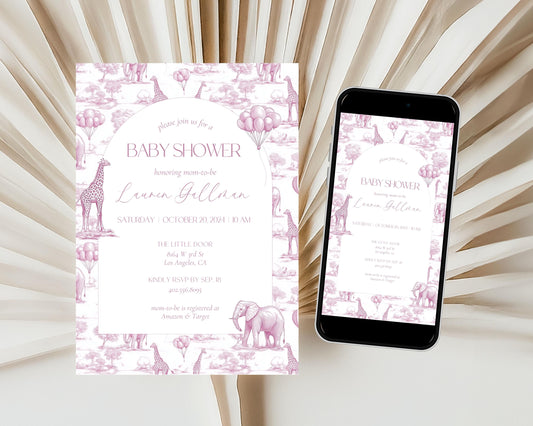 Chinoiserie Pink Baby Shower Invitation Editable Template Girl Baby Shower Mobile Invite Pink Minimalist Baby Shower Evite French Toile - LAUMIANstudio