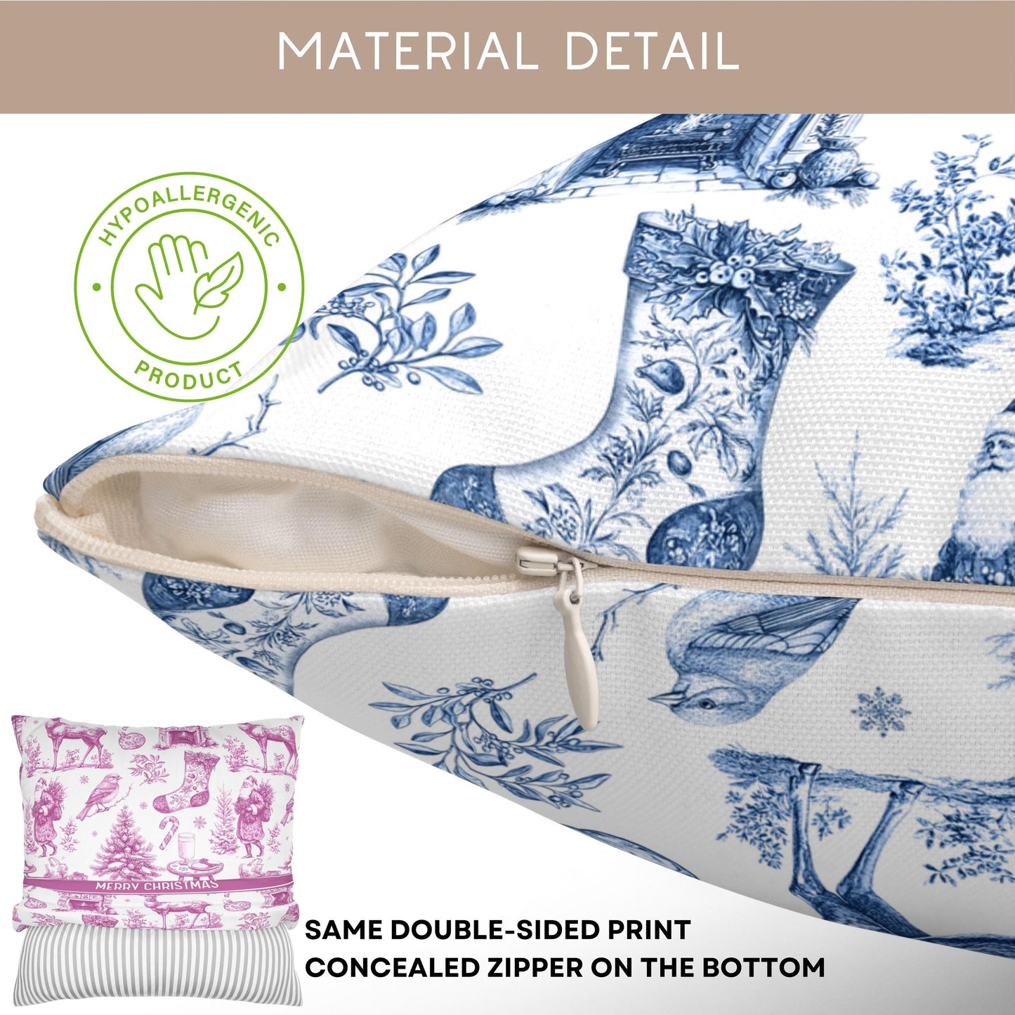 Toile Blue Holiday Pillow Customisable Blue Xmas Decor Vintage Blue Home Decor Blue Christmas Decorative Pillow Holiday Bench Cushion Deer - LAUMIANstudio