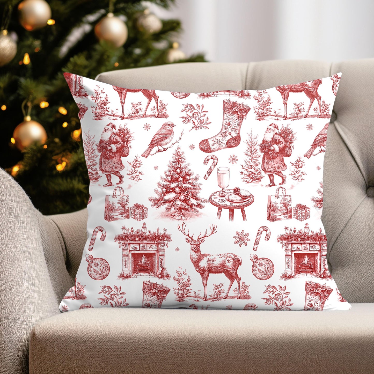Toile Blue Holiday Pillow Customisable Blue Xmas Decor Vintage Blue Home Decor Blue Christmas Decorative Pillow Holiday Bench Cushion Deer - LAUMIANstudio