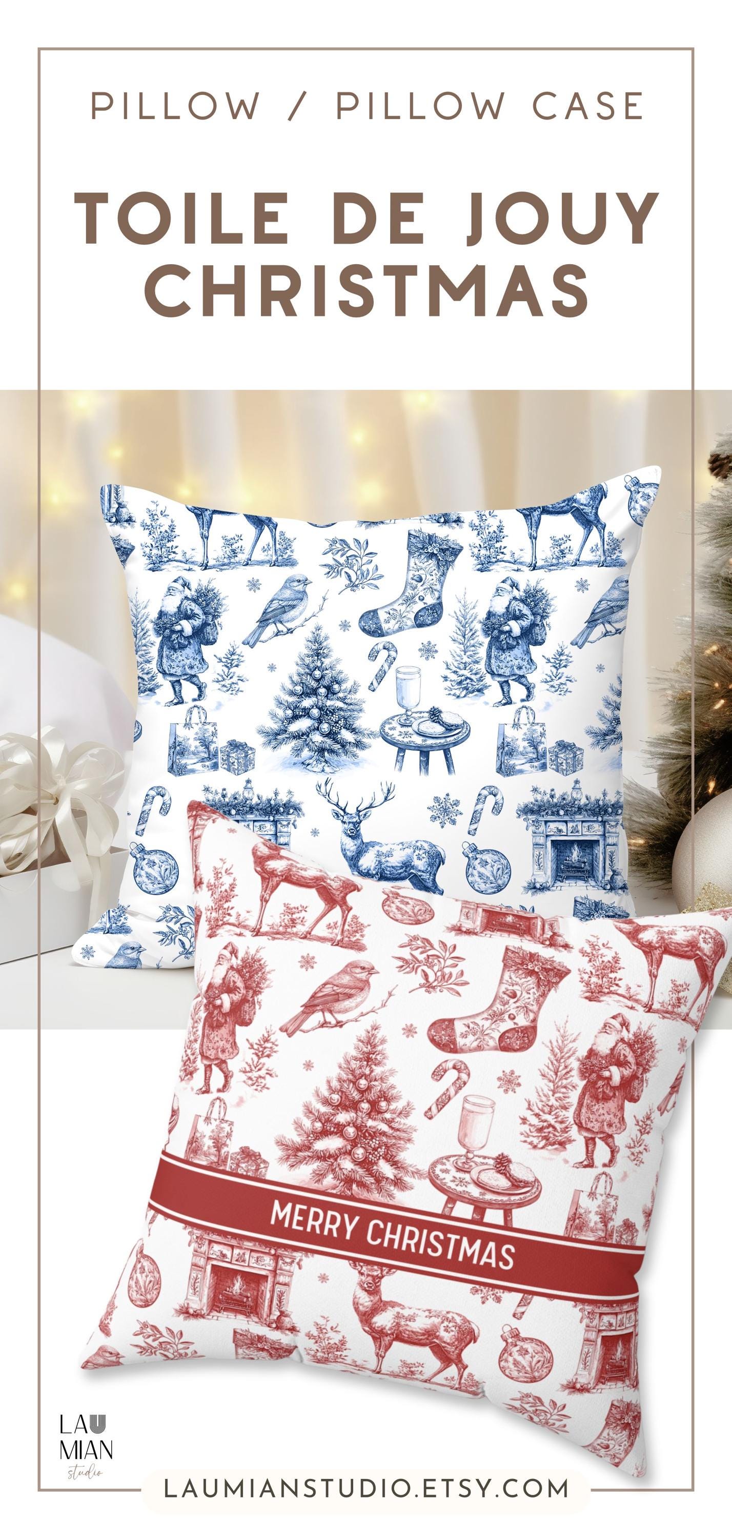 Toile Blue Holiday Pillow Customisable Blue Xmas Decor Vintage Blue Home Decor Blue Christmas Decorative Pillow Holiday Bench Cushion Deer - LAUMIANstudio