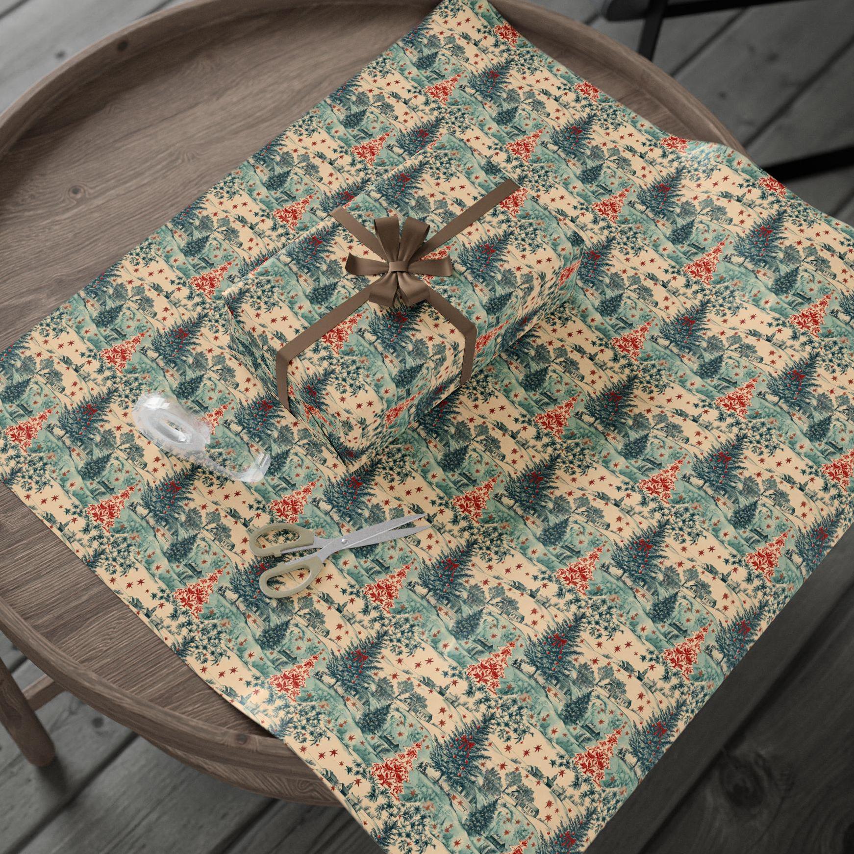 Vintage Toile Christmas Gift Wrap Holiday Vintage Wrapping Paper Blue and Red Retro Christmas Wrapping Paper Roll Traditional Xmas Gift Wrap - LAUMIANstudio