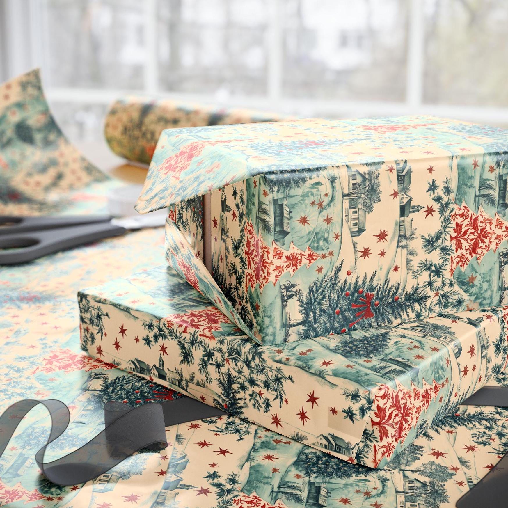 Vintage Toile Christmas Gift Wrap Holiday Vintage Wrapping Paper Blue and Red Retro Christmas Wrapping Paper Roll Traditional Xmas Gift Wrap - LAUMIANstudio