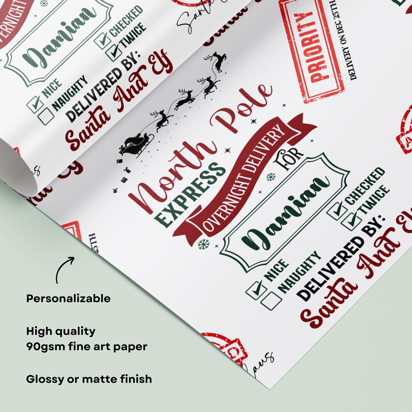 Personalizable Santa Delivery Wrapping Paper Priority Christmas Delivery Gift Wrap with Address Santa Wrapping Paper Roll for Son Grandson - LAUMIANstudio