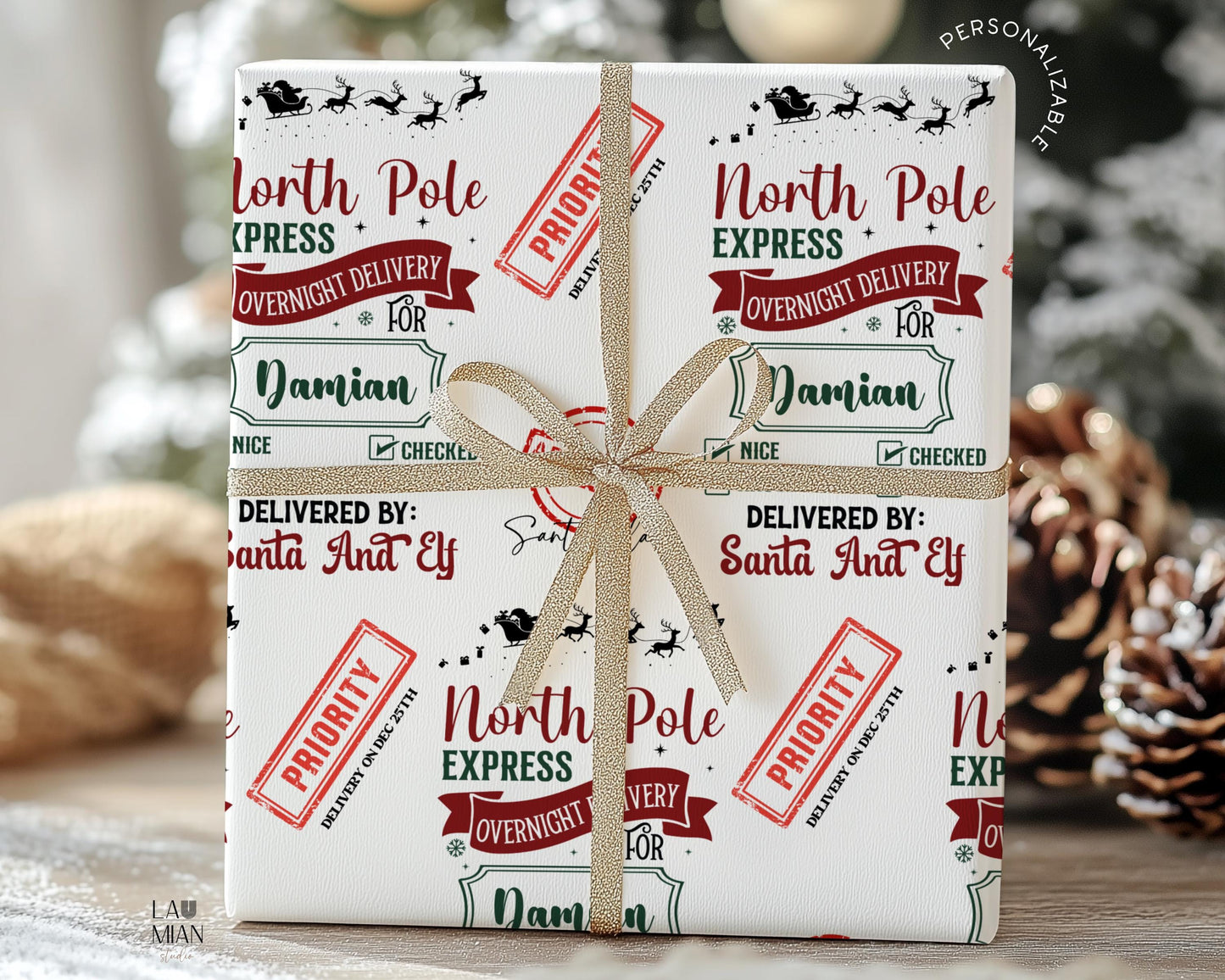 Personalizable Santa Delivery Wrapping Paper Priority Christmas Delivery Gift Wrap with Address Santa Wrapping Paper Roll for Son Grandson - LAUMIANstudio