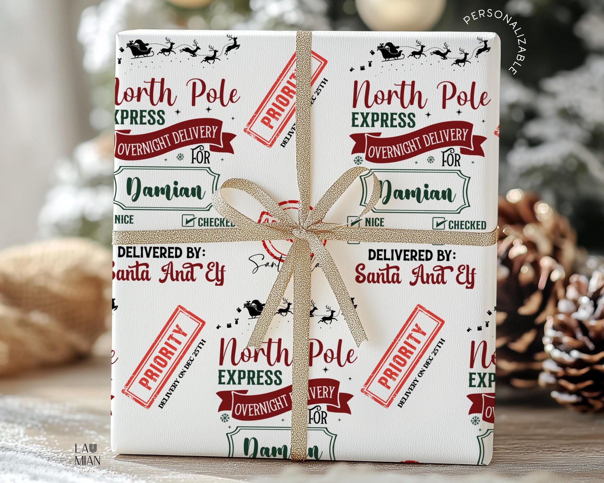 Personalizable Santa Delivery Wrapping Paper Priority Christmas Delivery Gift Wrap with Address Santa Wrapping Paper Roll for Son Grandson - LAUMIANstudio