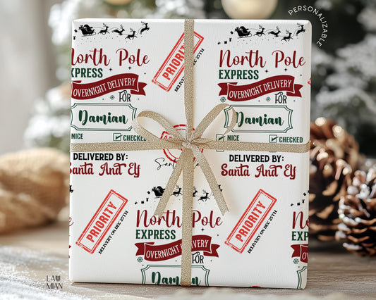 Personalizable Santa Delivery Wrapping Paper Priority Christmas Delivery Gift Wrap with Address Santa Wrapping Paper Roll for Son Grandson - LAUMIANstudio