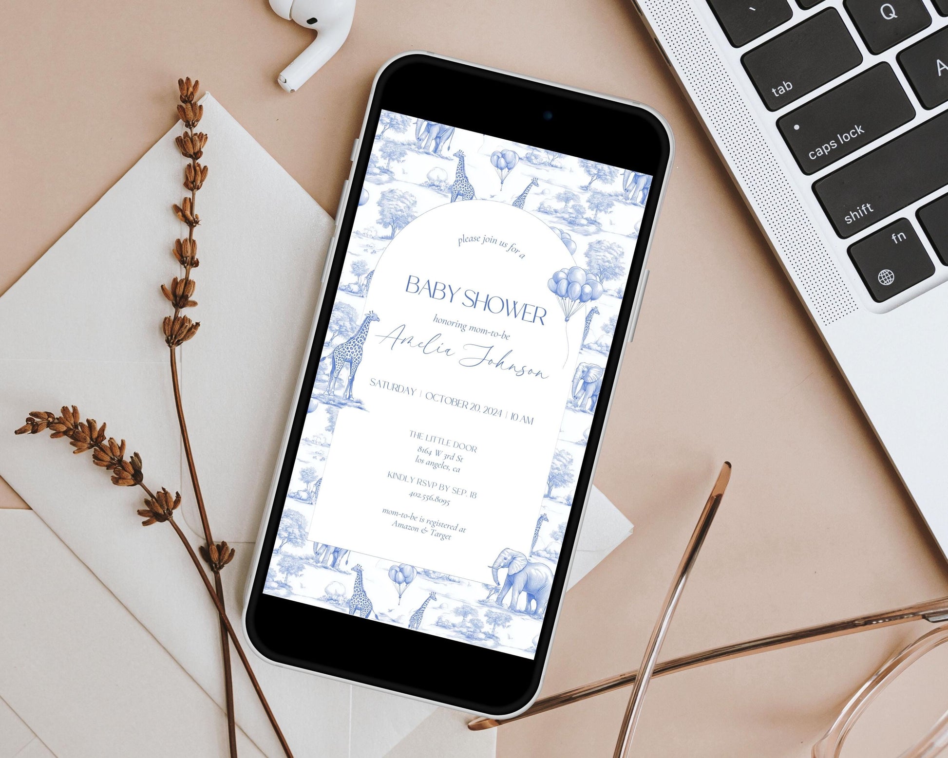 Toile Animal Blue Baby Shower Invitation Editable Template Boy Baby Shower Mobile Invite Chinoiserie Baby Shower Evite Toile Invitation - LAUMIANstudio