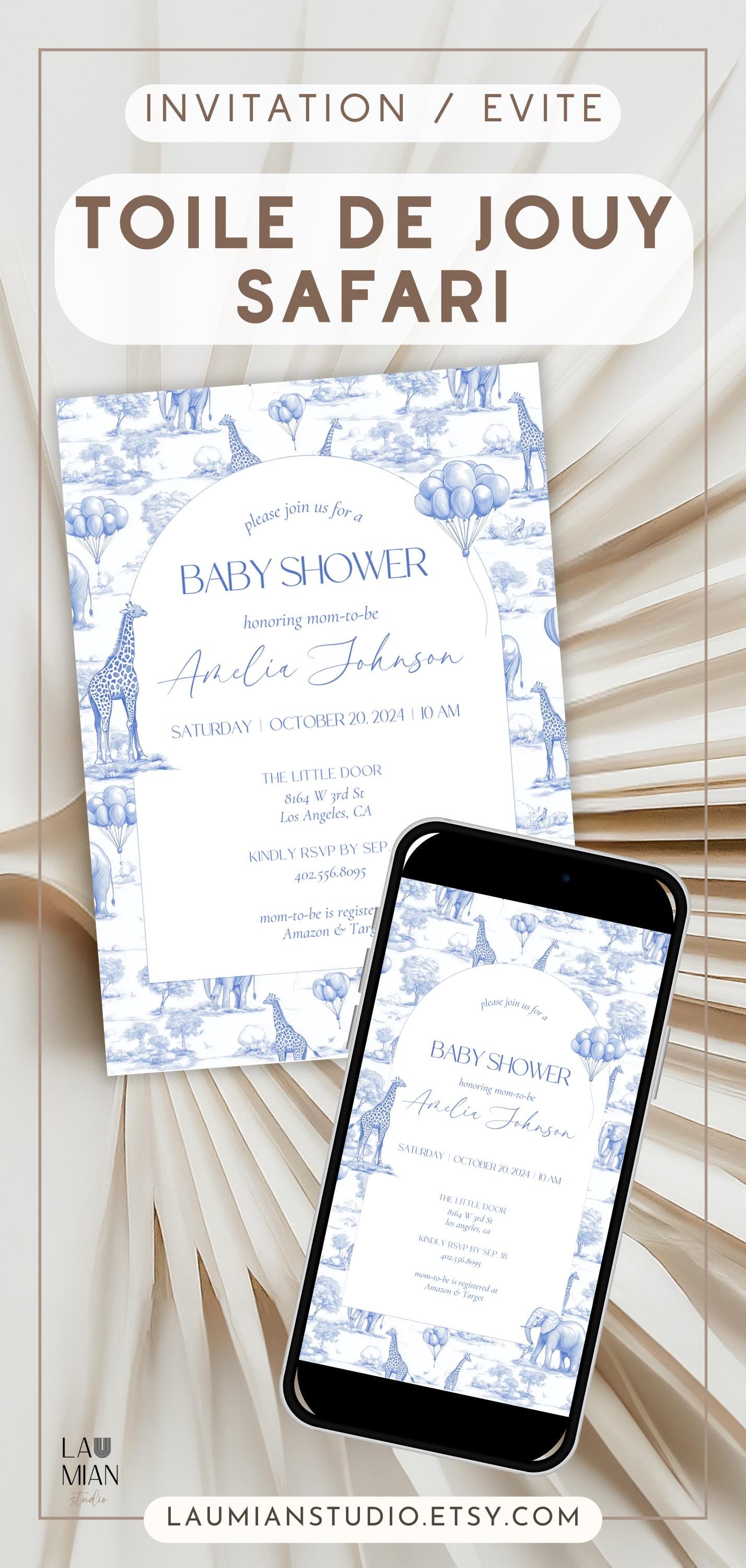 Toile Baby Shower Invitation Blue Baby Shower Party Invite Safari Baby Shower Evite Editable Canva Template Invitation Elegant Baby Shower - LAUMIANstudio