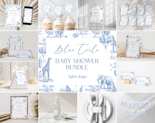 Blue Toile Baby Shower Bundle Boy Baby Shower Decor Elegant Chinoiserie Safari Baby Shower Editable Template Canva Baby Shower Printables - LAUMIANstudio