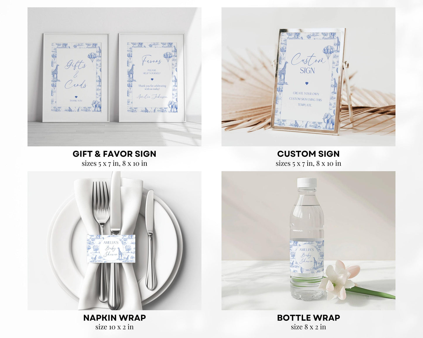 Blue Toile Baby Shower Bundle Boy Baby Shower Decor Elegant Chinoiserie Safari Baby Shower Editable Template Canva Baby Shower Printables - LAUMIANstudio