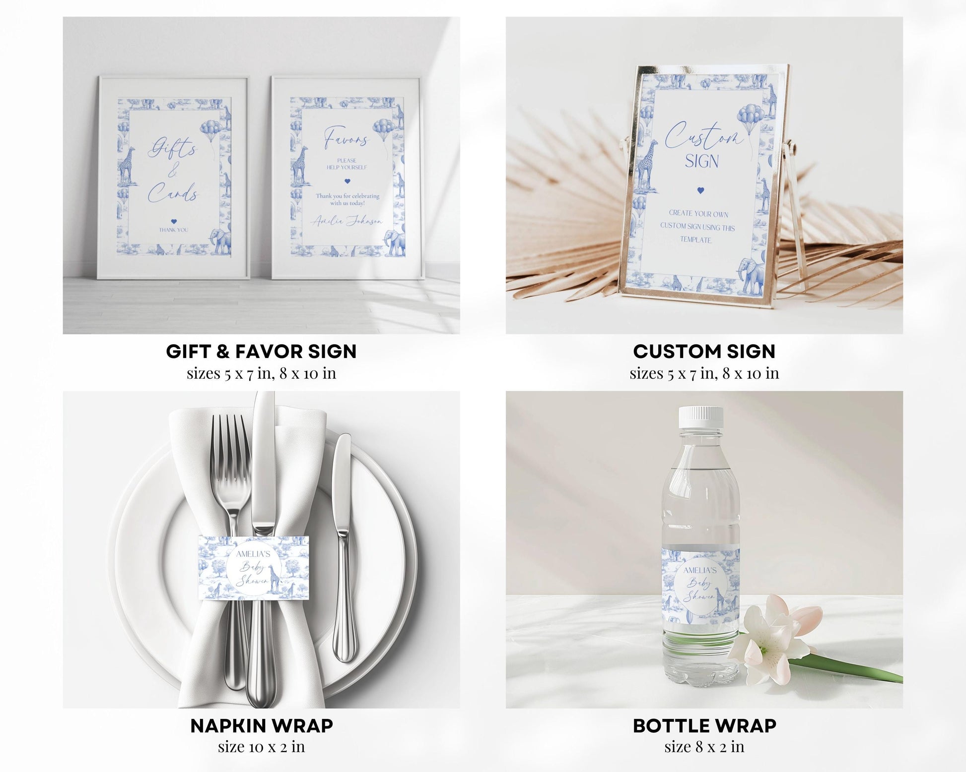 Blue Toile Baby Shower Bundle Boy Baby Shower Decor Elegant Chinoiserie Safari Baby Shower Editable Template Canva Baby Shower Printables - LAUMIANstudio