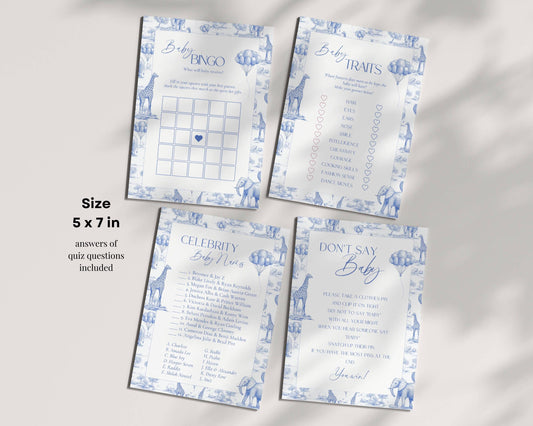 Blue Toile Baby Shower Game Bundle Chinoiserie Baby Shower Game Template Editable Canva Baby Shower Party Game Funny Baby Shower Game Set - LAUMIANstudio