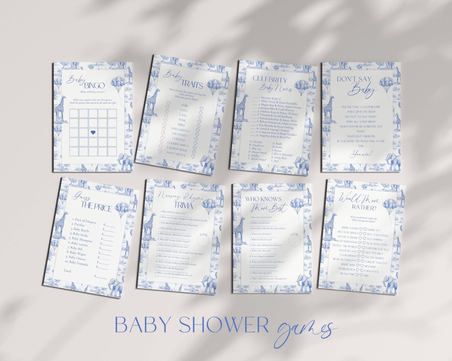 Blue Toile Baby Shower Game Bundle Chinoiserie Baby Shower Game Template Editable Canva Baby Shower Party Game Funny Baby Shower Game Set - LAUMIANstudio