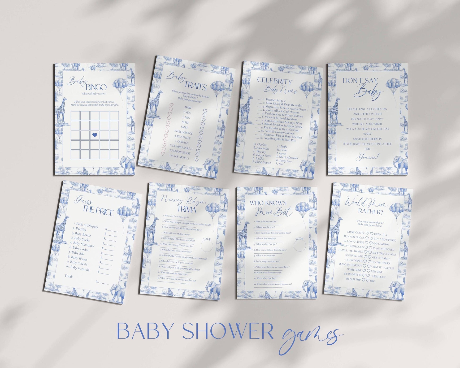 Blue Toile Baby Shower Game Bundle Chinoiserie Baby Shower Game Template Editable Canva Baby Shower Party Game Funny Baby Shower Game Set - LAUMIANstudio