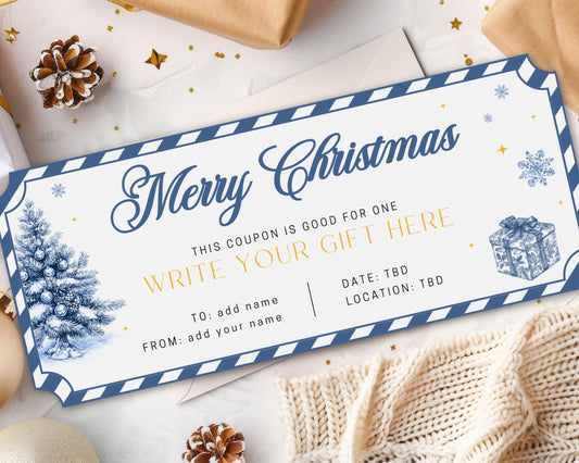 Elegant Christmas Toile Gift Coupon Canva Template Blue Chinoiserie Holiday Certificate Last Minute Printable Voucher Christmas Trip Ticket - LAUMIANstudio
