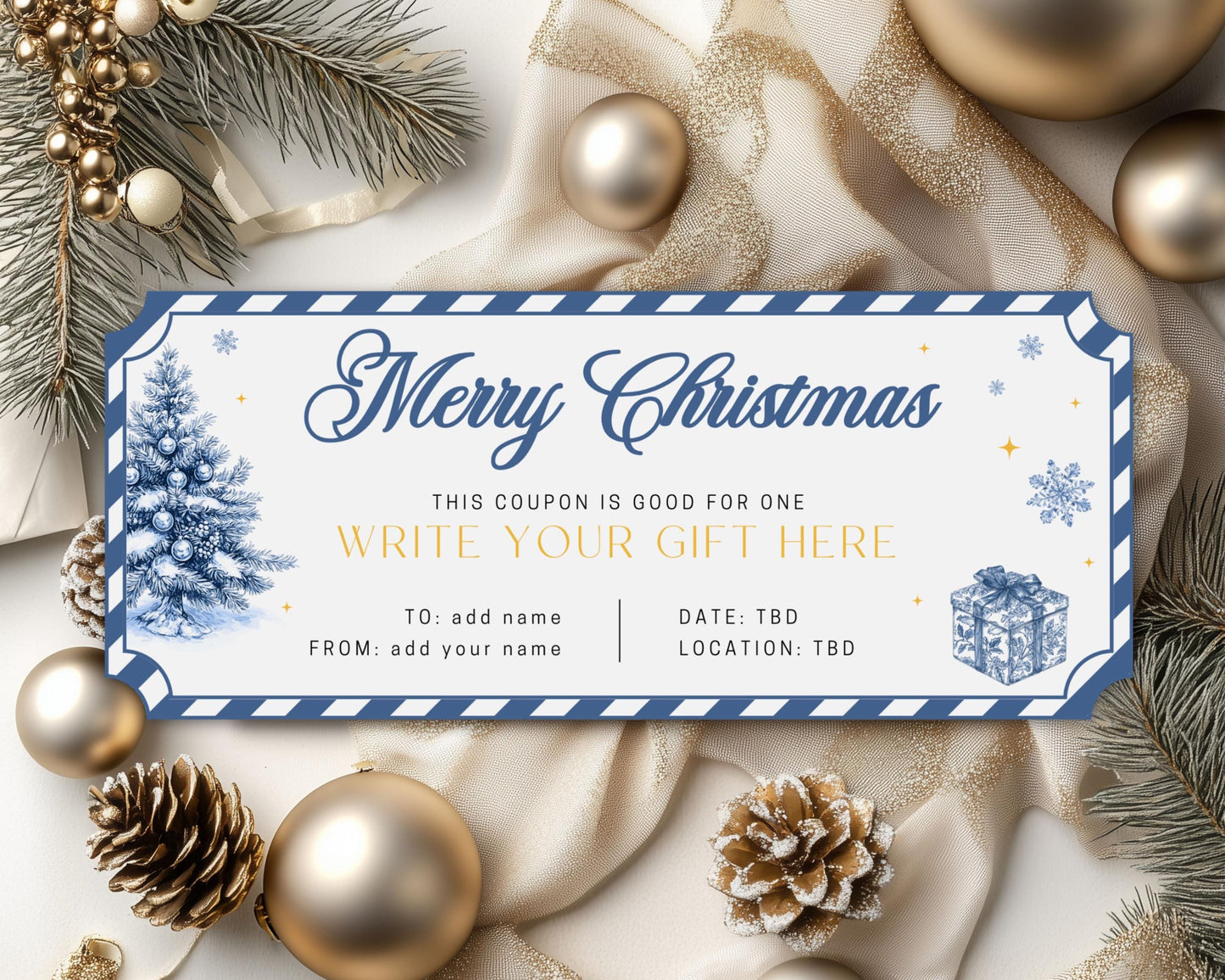 Luxury Blue Christmas Gift Coupon Editable Christmas Gift Coupon Template Canva Printable Holiday Voucher Last Minute Christmas Gift Under 5 - LAUMIANstudio