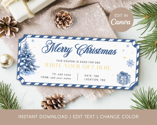 Elegant Christmas Toile Gift Coupon Canva Template Blue Chinoiserie Holiday Certificate Last Minute Printable Voucher Christmas Trip Ticket - LAUMIANstudio