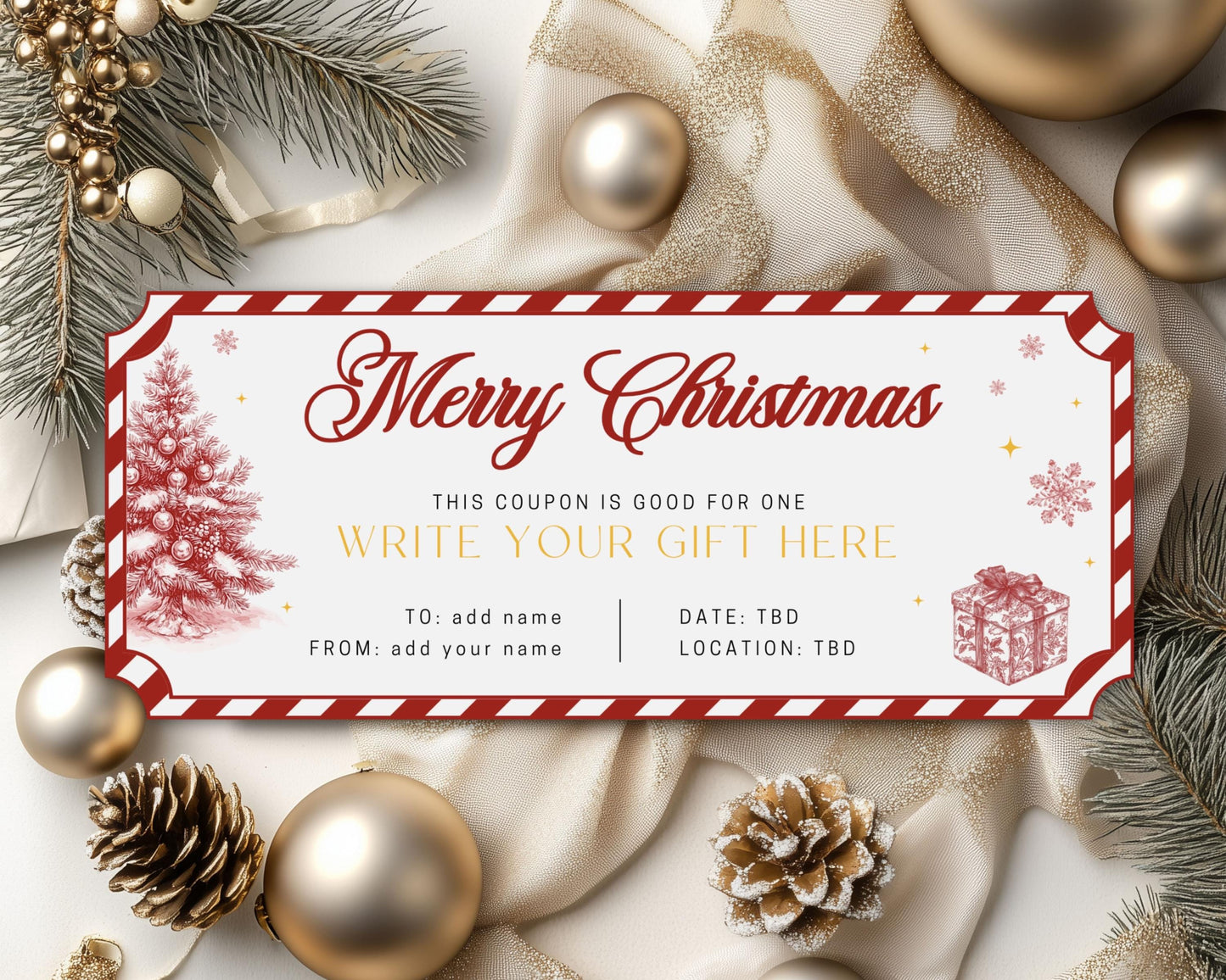 Christmas Party Last Minute Gift Red Holiday Gift Voucher Red Toile Stocking Filler Gift for Her Surprise Coupon Print Home Editable Coupon - LAUMIANstudio